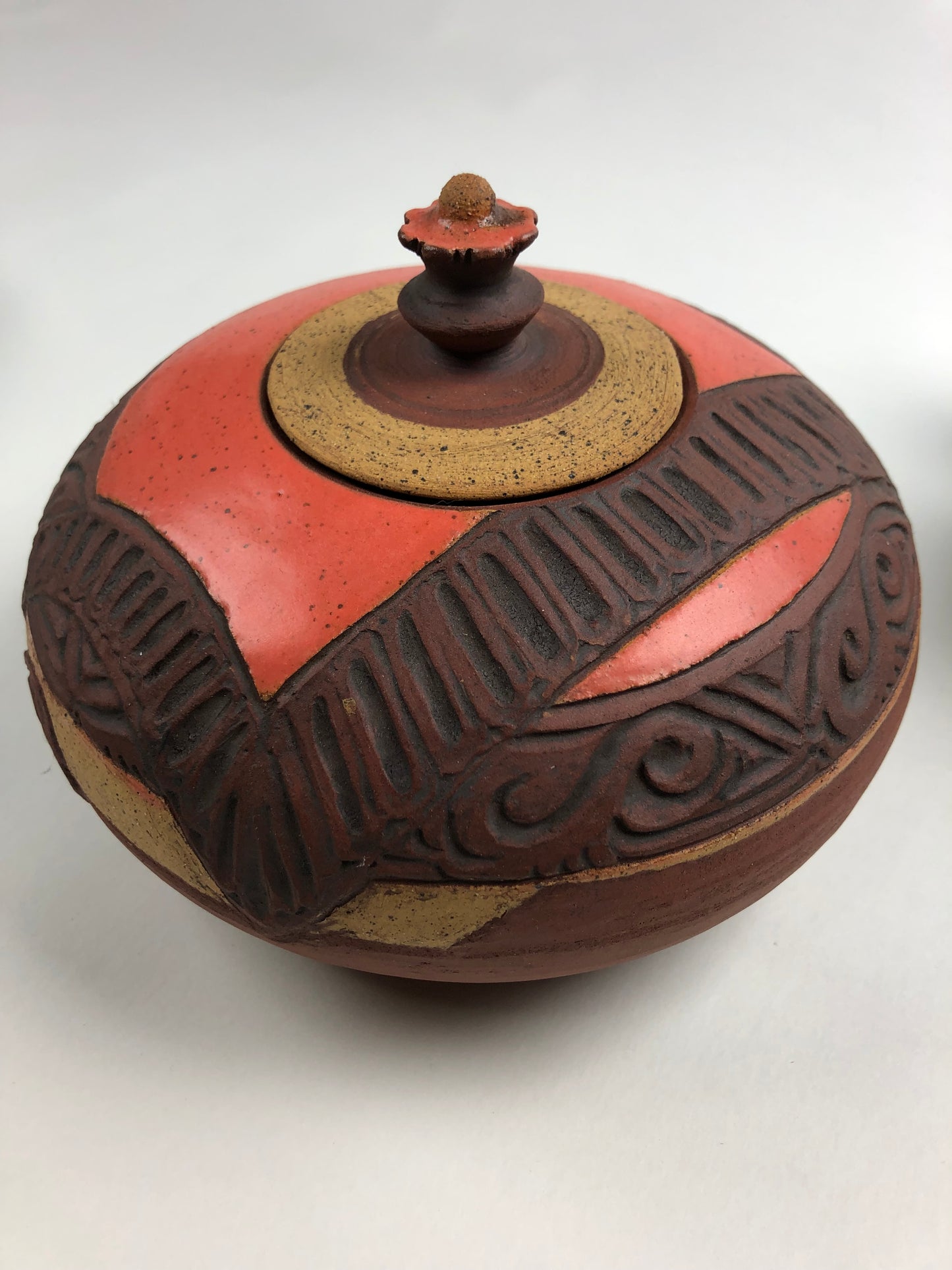 Coral & Deep Rust Lidded Jar